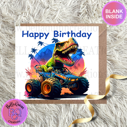 T-Rex on a Monster Truck Greeting Card - Happy Birthday