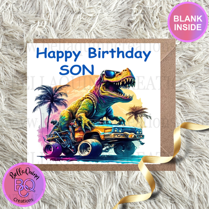 T-Rex on a Monster Truck Greeting Card - Happy Birthday Son