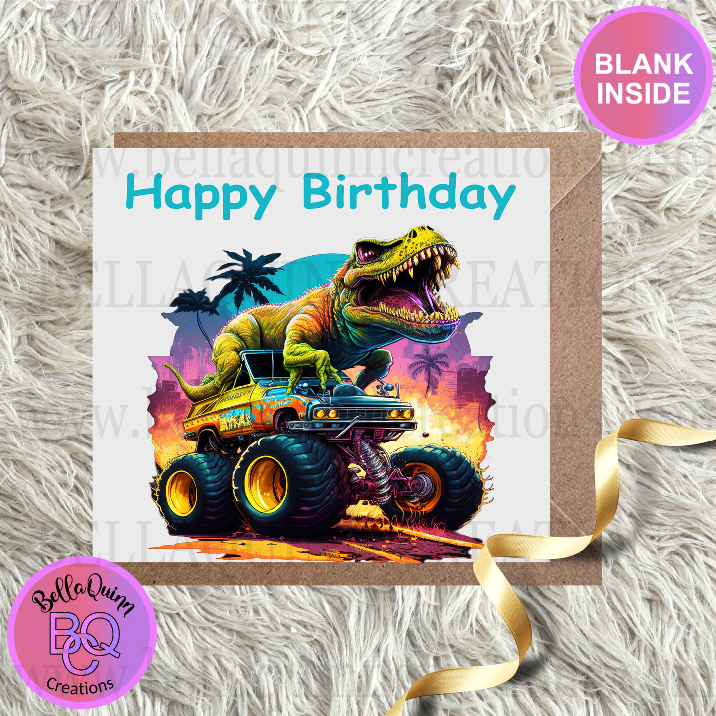 T-Rex on a Monster Truck Greeting Card - Happy Birthday