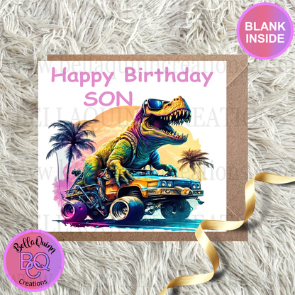 T-Rex on a Monster Truck Greeting Card - Happy Birthday Son