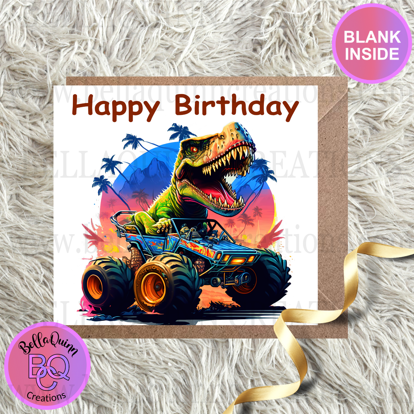 T-Rex on a Monster Truck Greeting Card - Happy Birthday